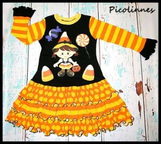 Custom Boutique Girls Halloween Candy Corn Witch Ruffled Dress Sz 6, 7 by Picolinnes