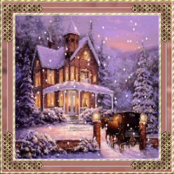 Animatedcountryhouseinmauveframewit.gif Christmas house w/falling snow