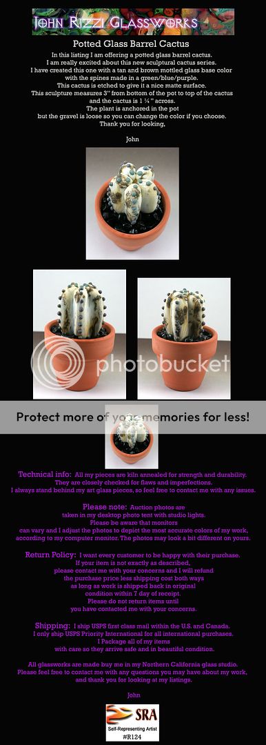 John Rizzi~Potted Glass Barrel Cactus~Sculpture~ Lampwork Glass SRA 
